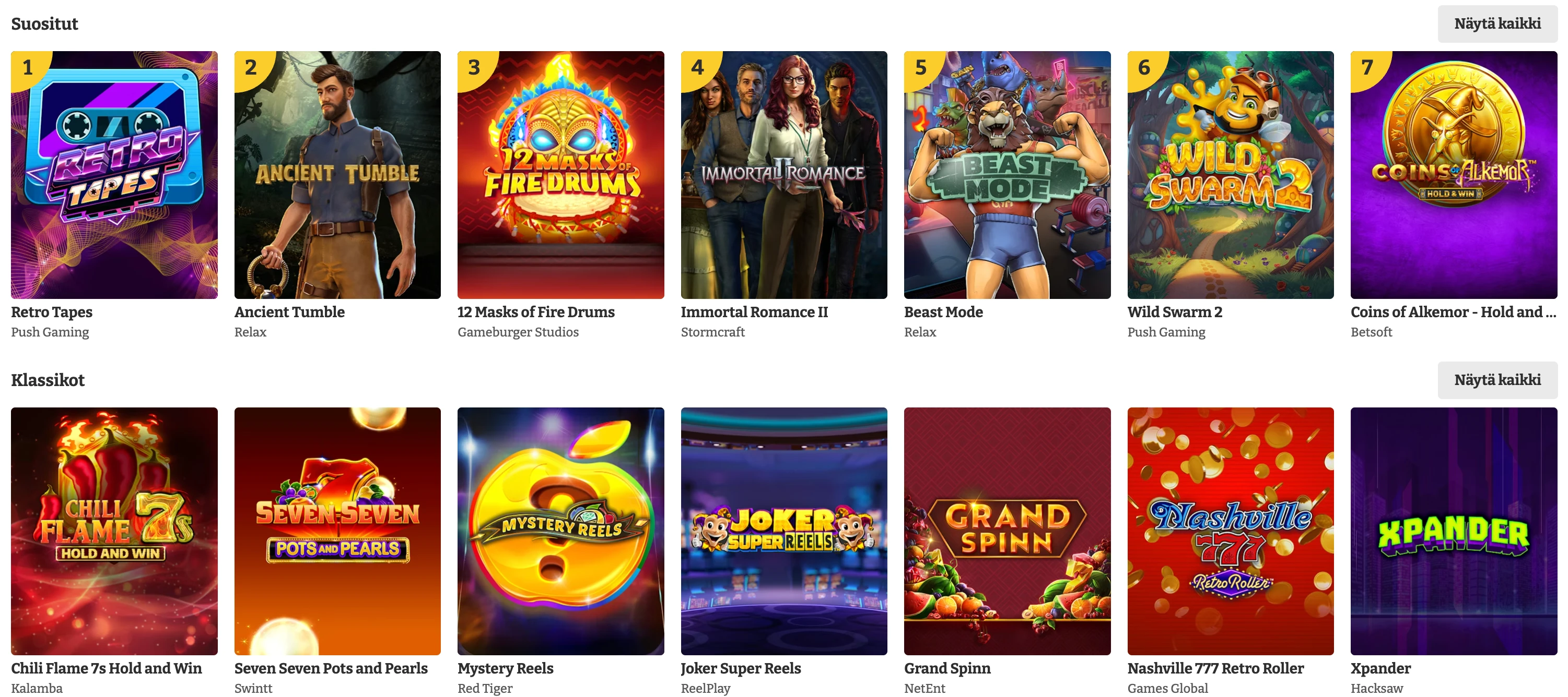 Luckyspins pelivalikoima